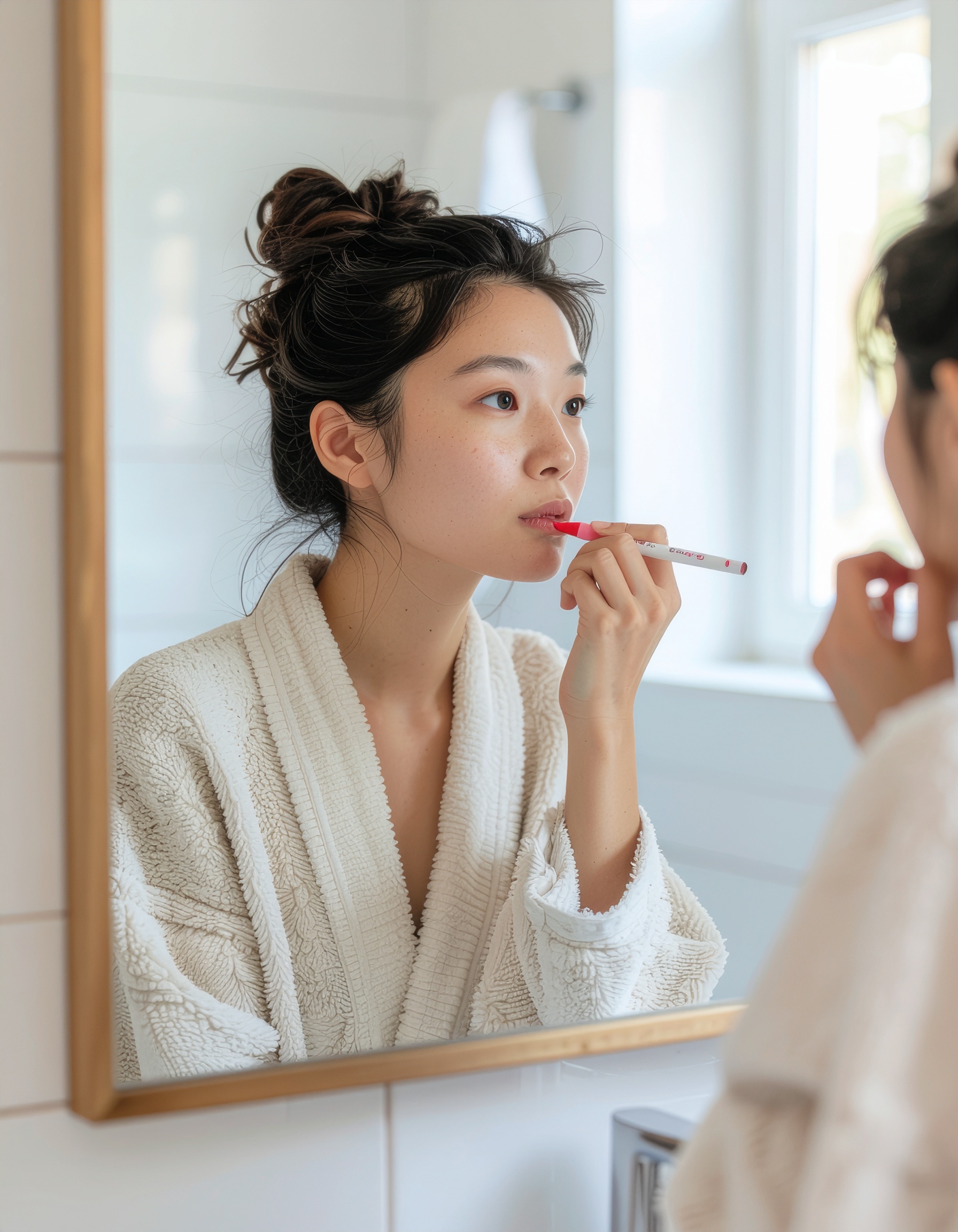Woman Applying Lipstick in Naturally Lit Bathroom